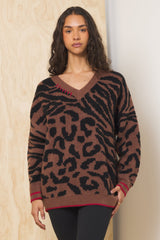 V Neck Jacquard Sweater | Vintage Havana Wild Caramer w/ Red