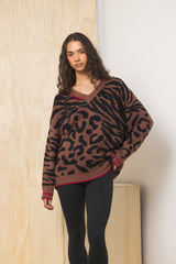 V Neck Jacquard Sweater | Vintage Havana Wild Caramer w/ Red