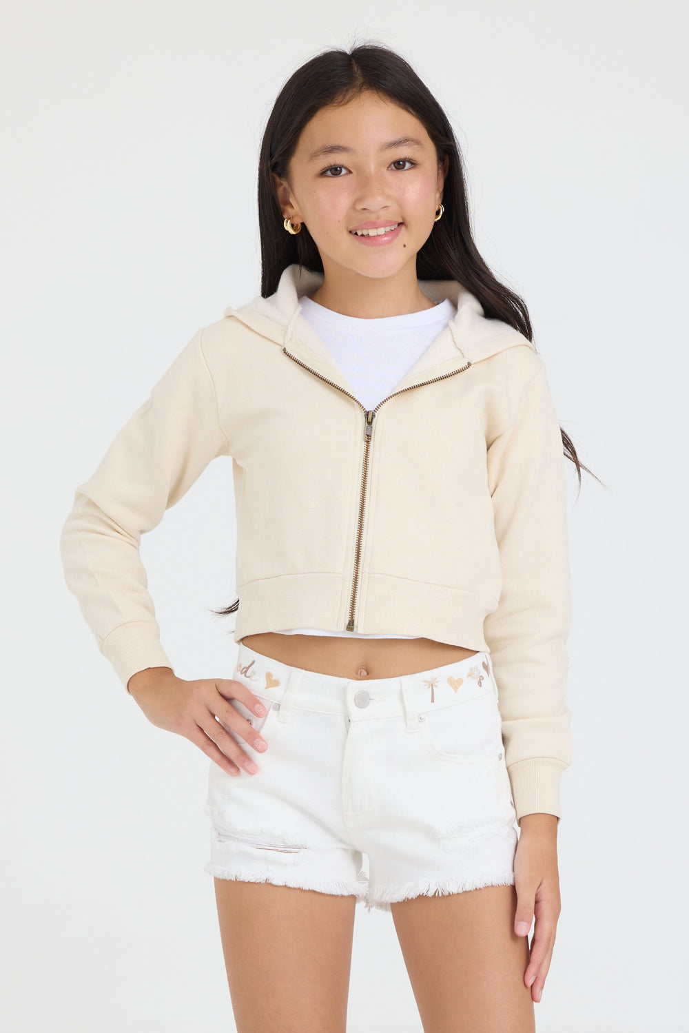 Kids White Denim Short with Embroidered Waist | Vintage Havana