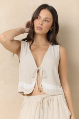 Linen Blend Tie Front Top with Contrast Stripe | Vintage Havana