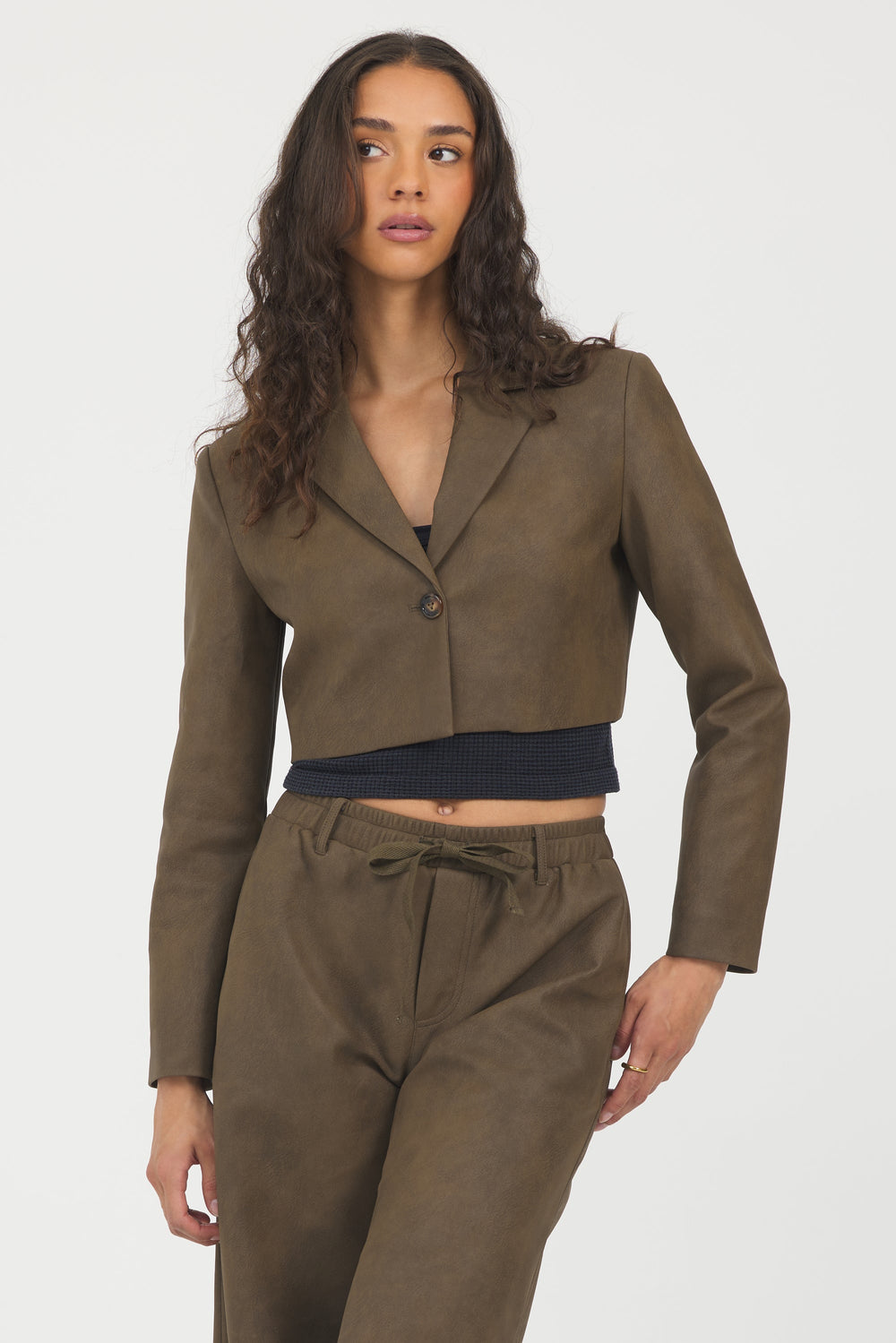 Faux Leather Cropped Blazer | Vintage Havana Brown