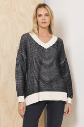 Honeycomb Knit V Neck Sweater | Vintage Havana Ivory/Black