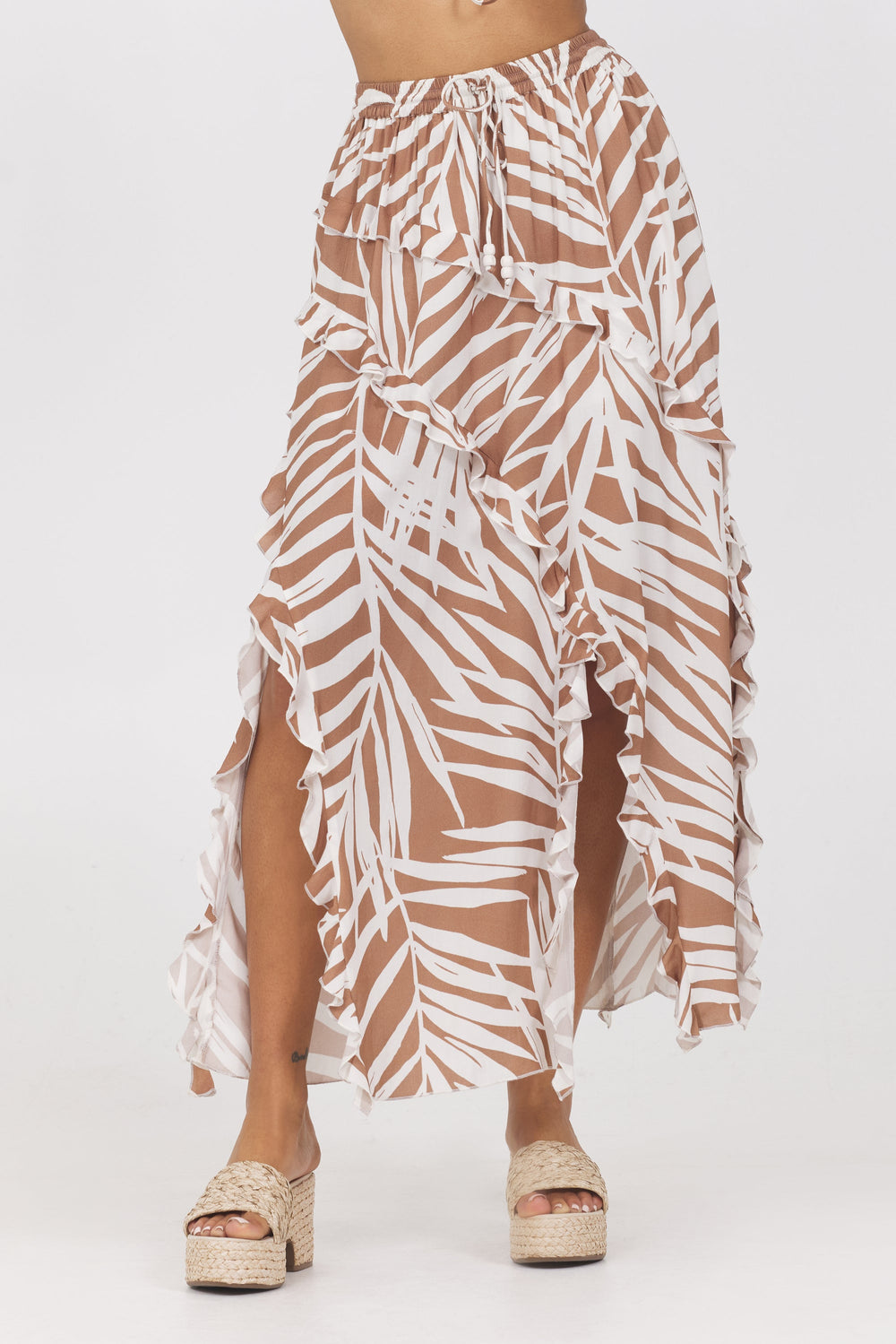 Printed Rayon Ruffle Maxi Skirt | Vintage Havana Bronze Palm Print