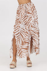 Printed Rayon Ruffle Maxi Skirt | Vintage Havana Bronze Palm Print