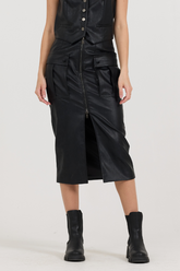 Black leather Zip Front Midi Skirt | Vintage Havana Black