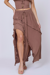 Washed Mocha Rayon Crinkle Ruffle Maxi Skirt | Vintage Havana Washed Mocha