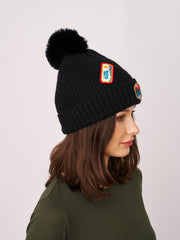 RIBBED POMPOM BEANIE WITH LAKE TAHOE PATCH - BLACK | Vintage Havana Black