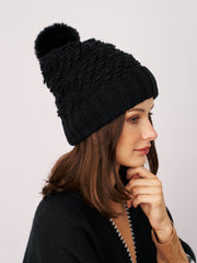 TURN UP POMPOM HAT - BLACK | Vintage Havana Black