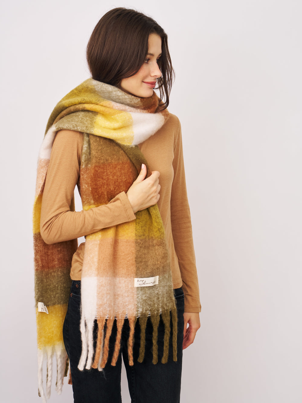 CHECK BRUSH TASSEL SCARF - YELLOW | Vintage Havana Yellow