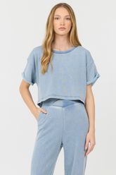 Washed Denim Terry Fleece Cropped Shirt | Vintage Havana Washed Denim