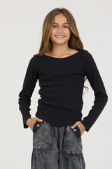 Kids Black Boatneck Ribbed Tee | Vintage Havana Black