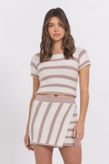 Short Sleeve Striped Sweater | Vintage Havana Taupe and Ivory