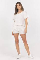 White Summer Sand Short Sleeve Sweater w/ Whipstitch | Vintage Havana White with Summer Sand