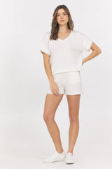 White Summer Sand Short Sleeve Sweater w/ Whipstitch | Vintage Havana White with Summer Sand