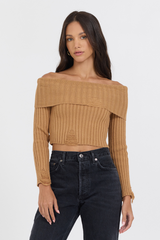 Caramel Distressed Off Shoulder Sweater | Vintage Havana Caramel