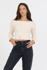 Ivory Distressed Off Shoulder Sweater | Vintage Havana Ivory