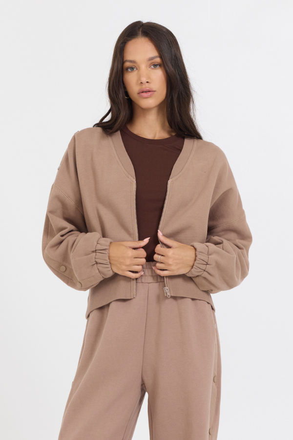 Caramel Latte Brushed Fleece Zip Up W/ Snap Sleeves | Vintage Havana Caramel