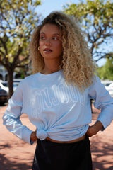Sky Blue "Bonjour" Pigment Dyed Long Sleeve Tee | Vintage Havana Sky Blue