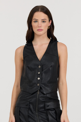 Black Leather Button Front Vest | Vintage Havana Black