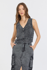 Washed Black Twill Button Front Vest Top | Vintage Havana Washed Black