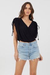 Black Rayon Crinkle Surplice Top | Vintage Havana Black