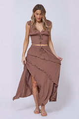 Washed Mocha Rayon Crinkle Flutter Sleeve Top | Vintage Havana Washed Mocha
