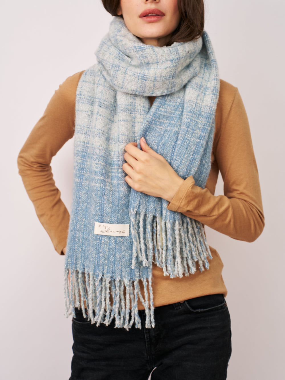 BOUCLE CHECK TASSEL SCARF - BLUE | Vintage Havana Blue