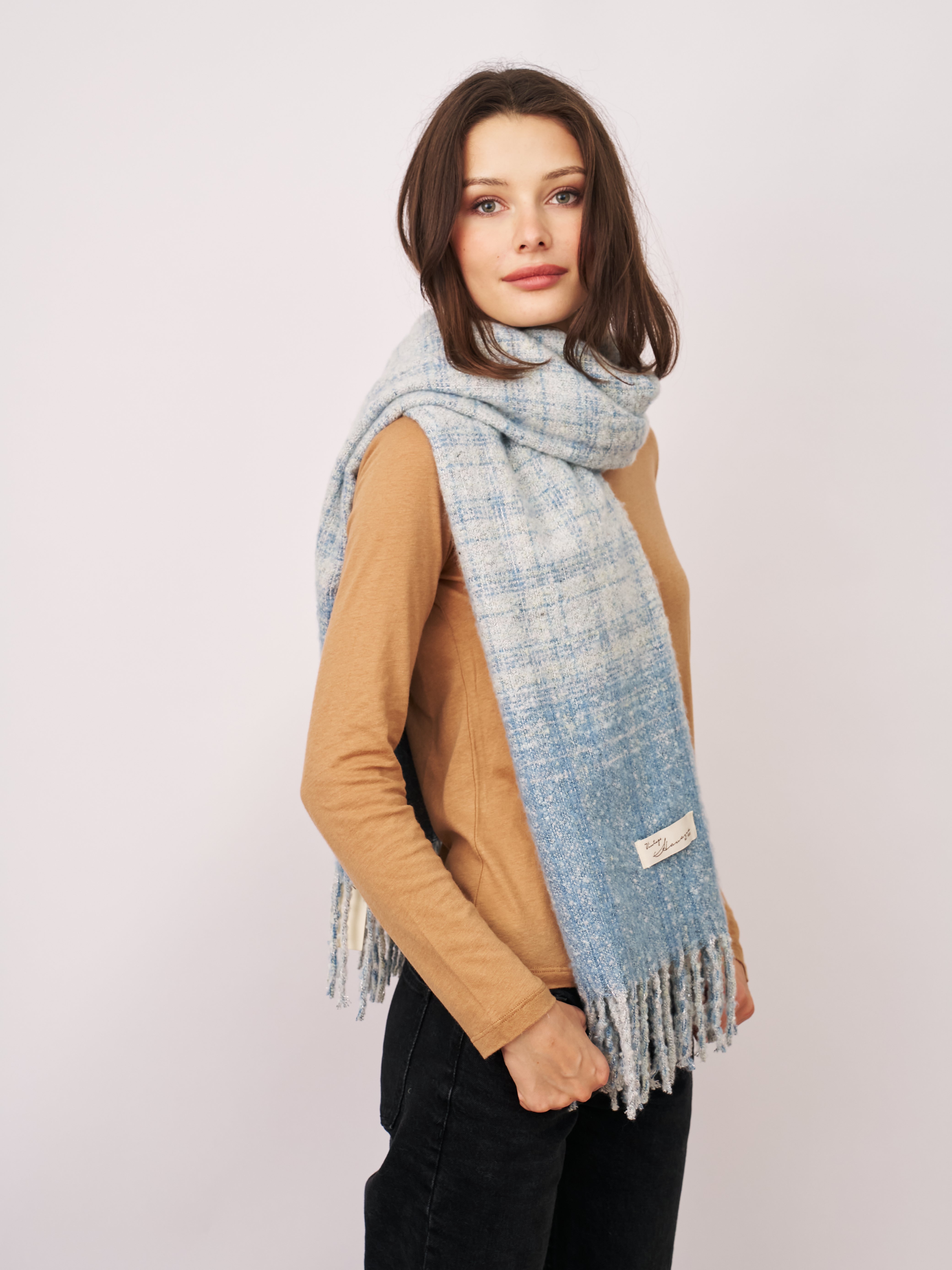 BOUCLE CHECK TASSEL SCARF - BLUE | Vintage Havana Blue