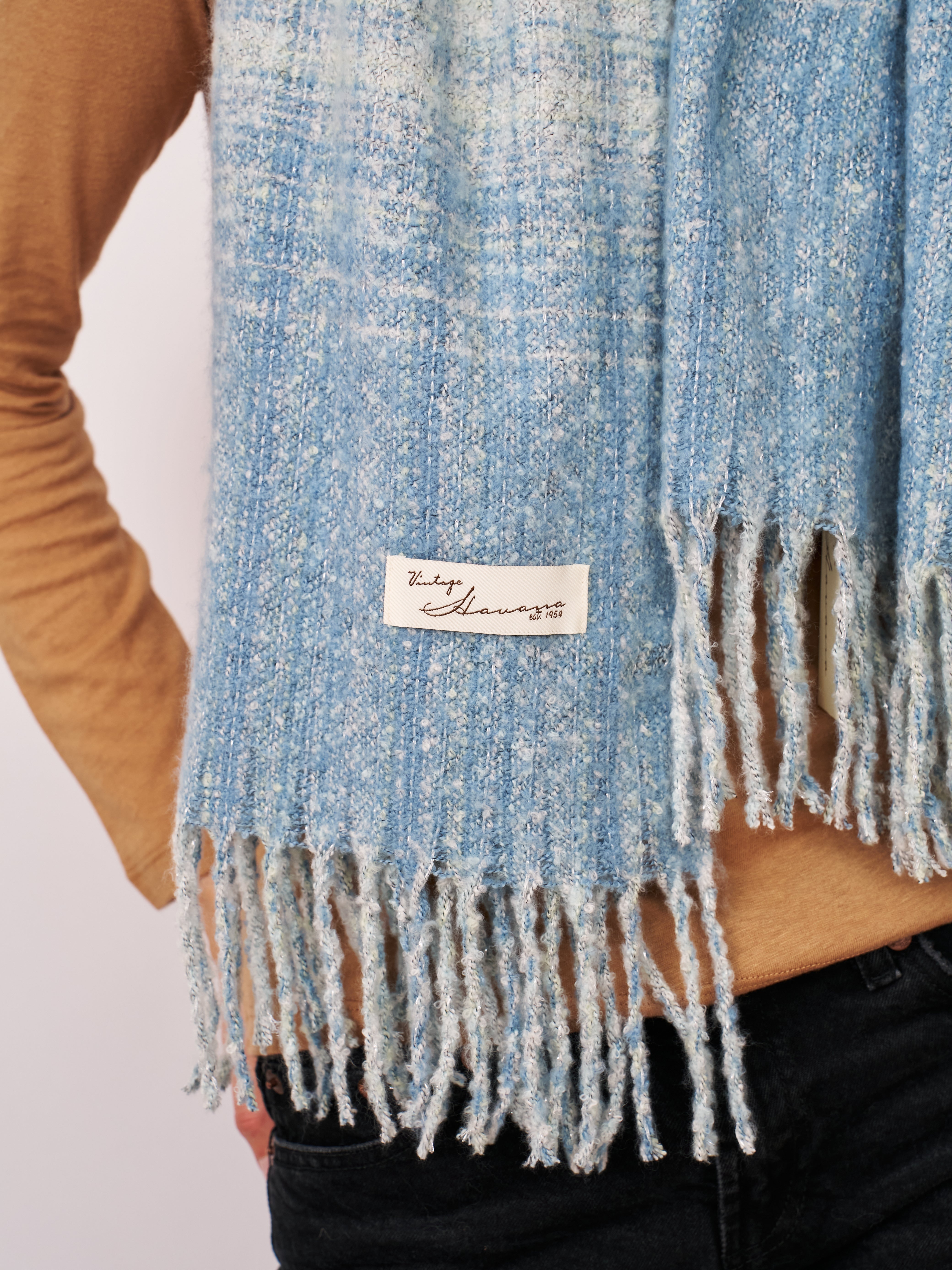 BOUCLE CHECK TASSEL SCARF - BLUE | Vintage Havana Blue