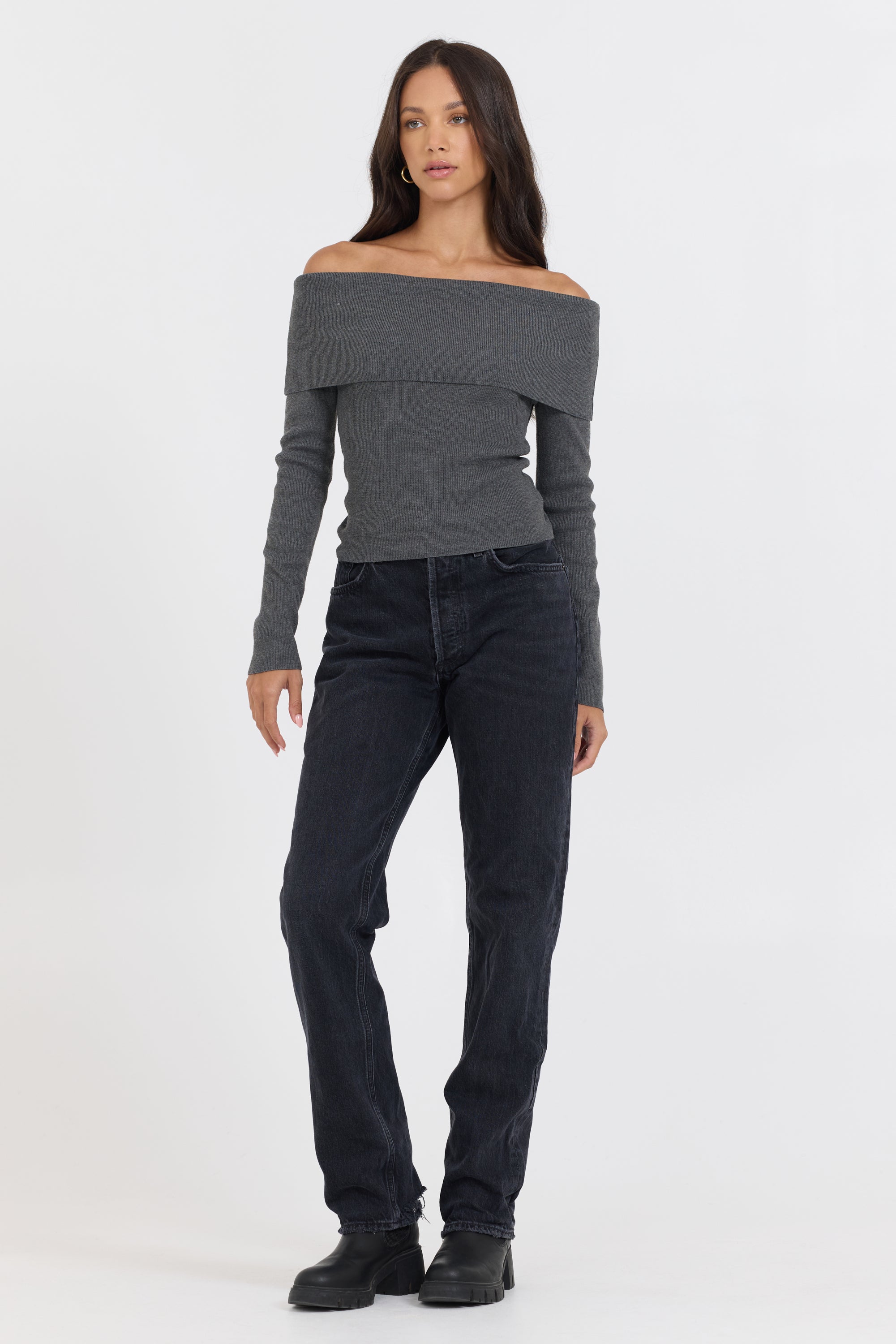 Heather Charcoal Off Shoulder Sweater | Vintage Havana Heather Charcoal