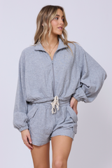 Heather Grey Bounded Textured Jersey Zip Up W/ Tie | Vintage Havana Heather Grey