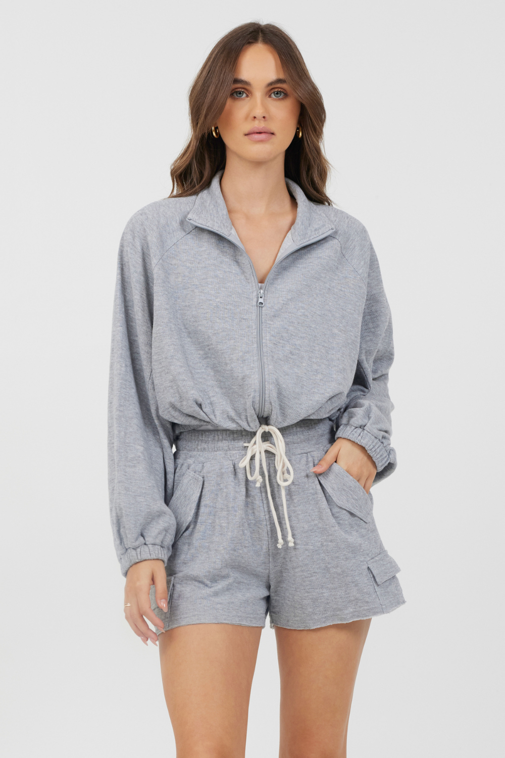 Heather Grey Bounded Textured Jersey Zip Up W/ Tie | Vintage Havana Heather Grey