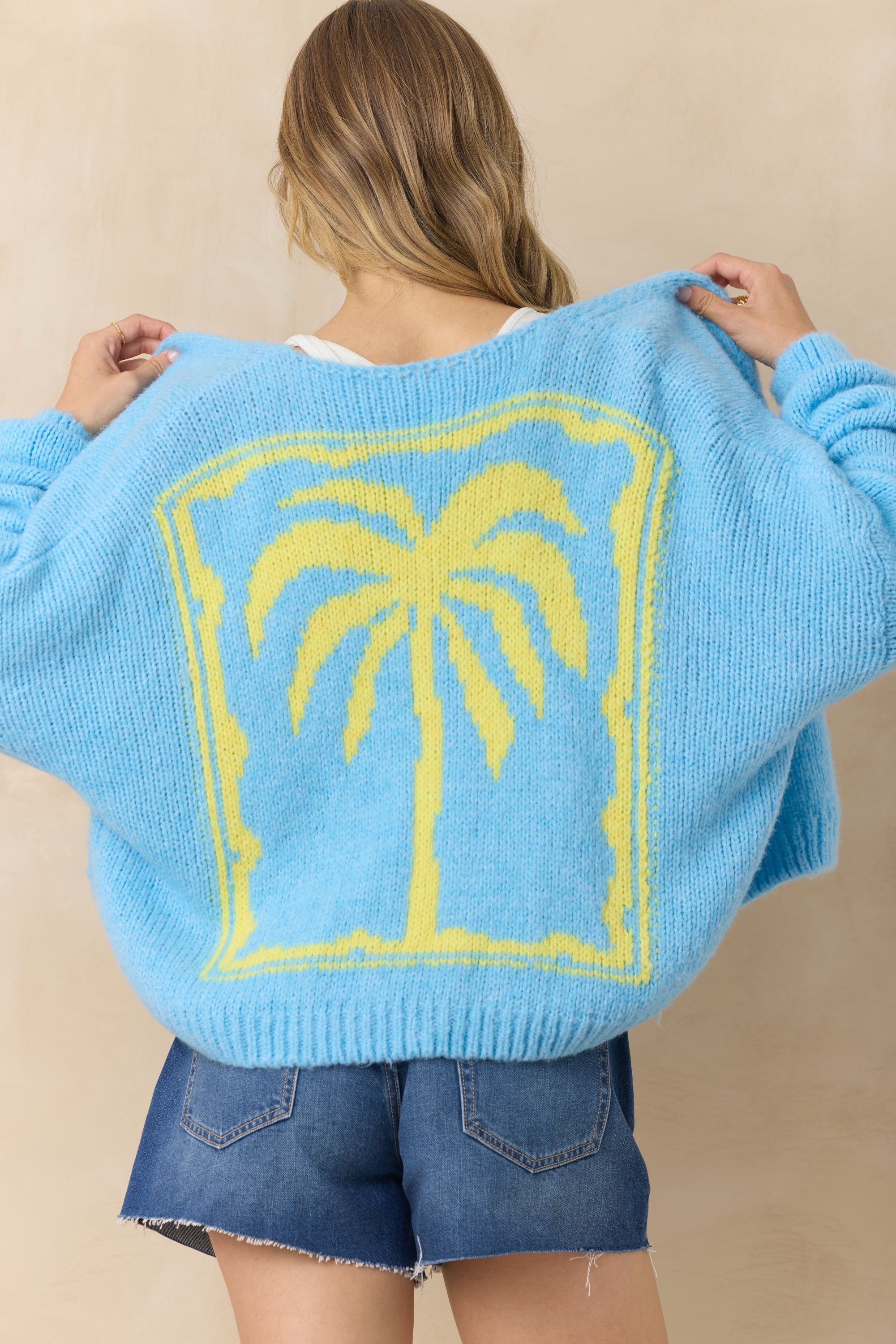 Jacquard Palm Tree Cardigan | Vintage Havana Dusty Blue with Yellow