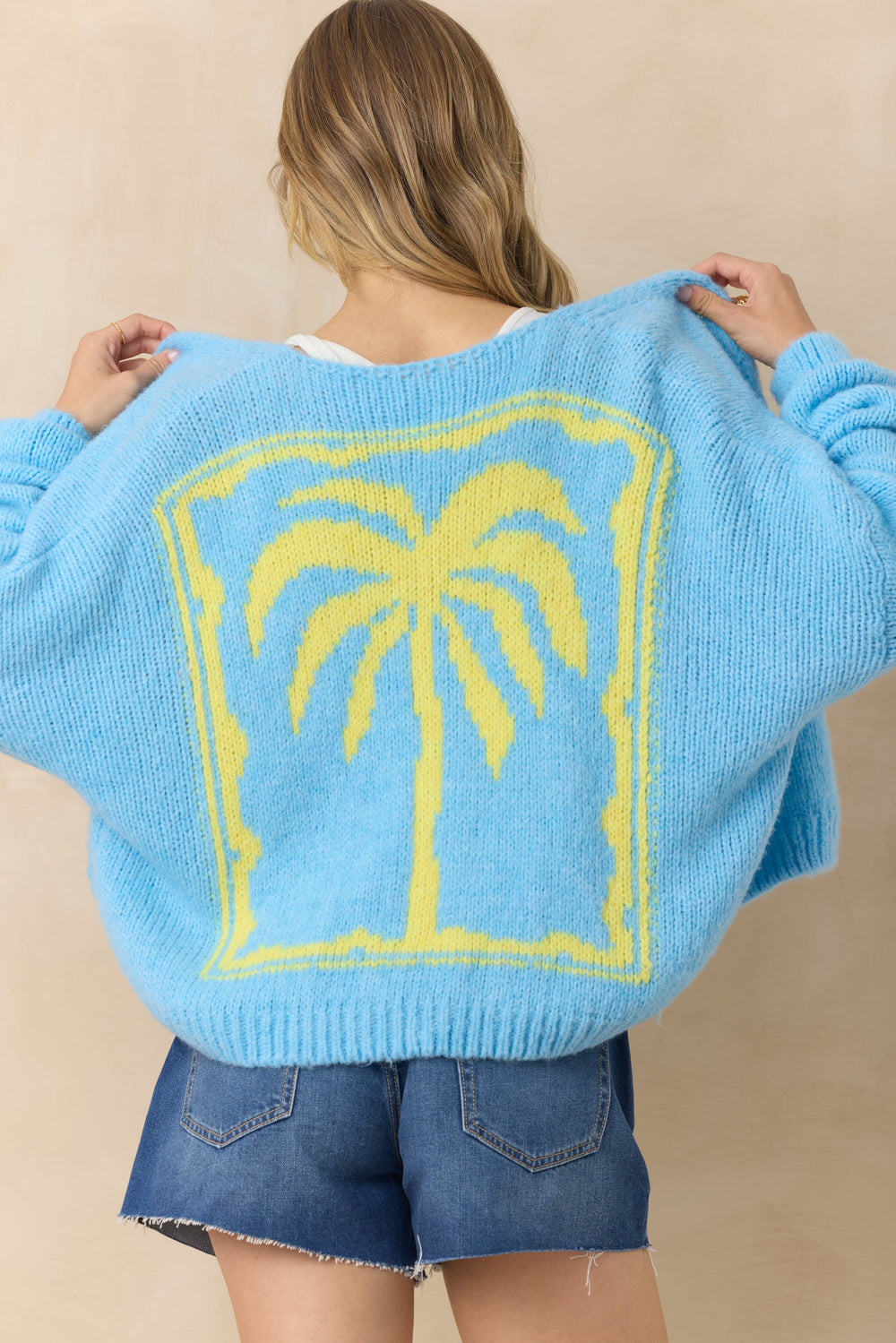 Jacquard Palm Tree Cardigan | Vintage Havana Dusty Blue with Yellow