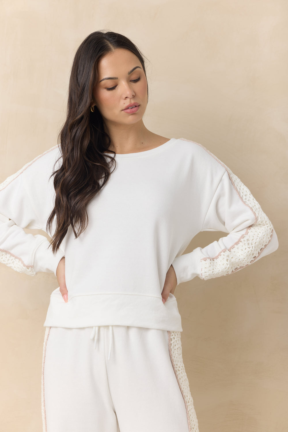 French Terry Crew Sweatshirt with Square Crochet Insert | Vintage Havana