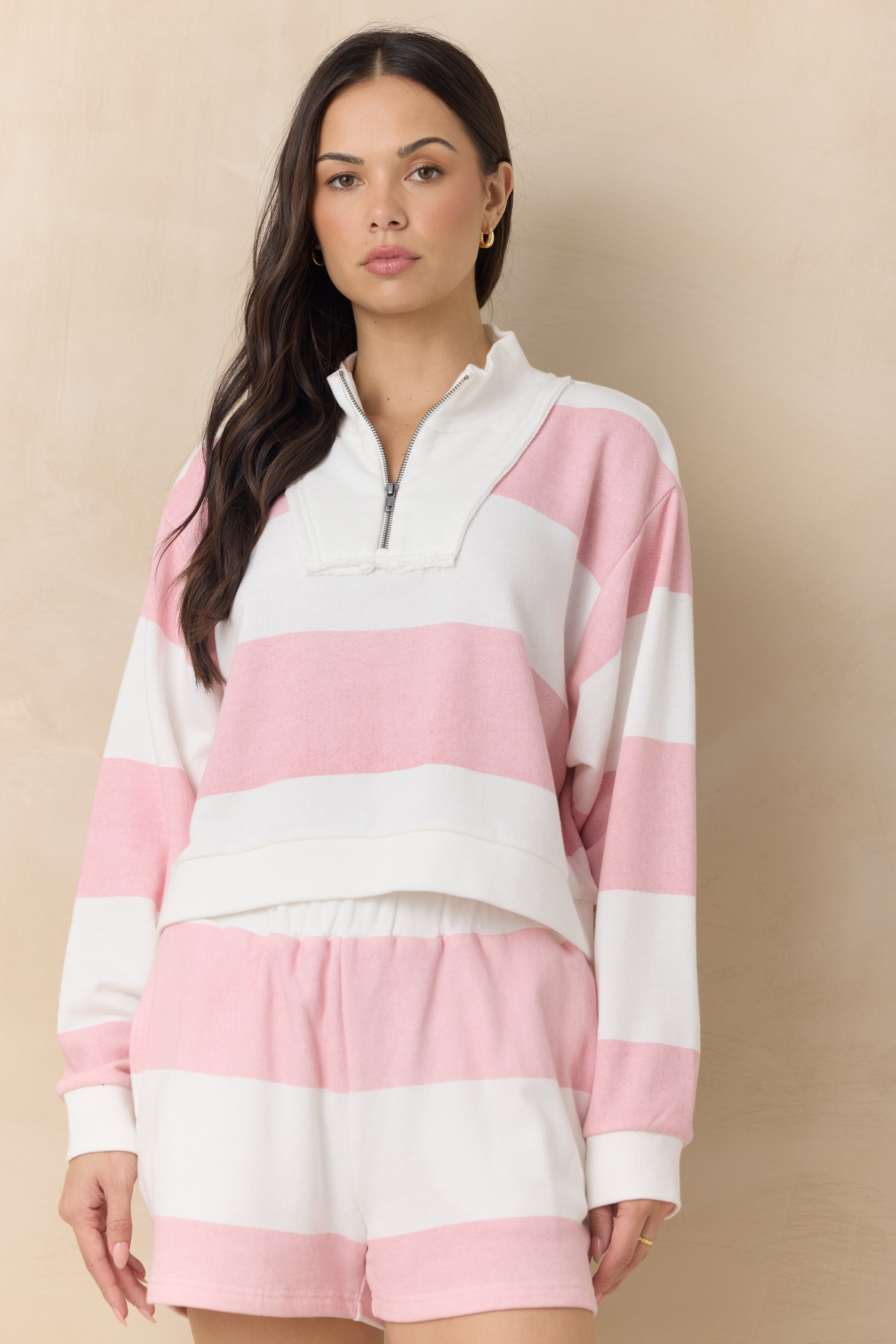 Striped French Terry Half Zip Sweatshirt | Vintage Havana Sorbet Pink