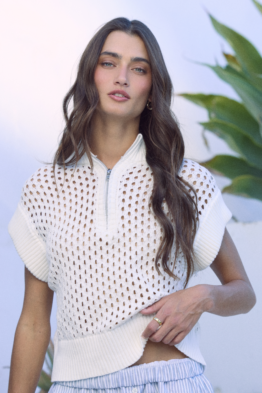 Open Knit Short Sleeve Quarter Zip Sweater | Vintage Havana Pastel Pink