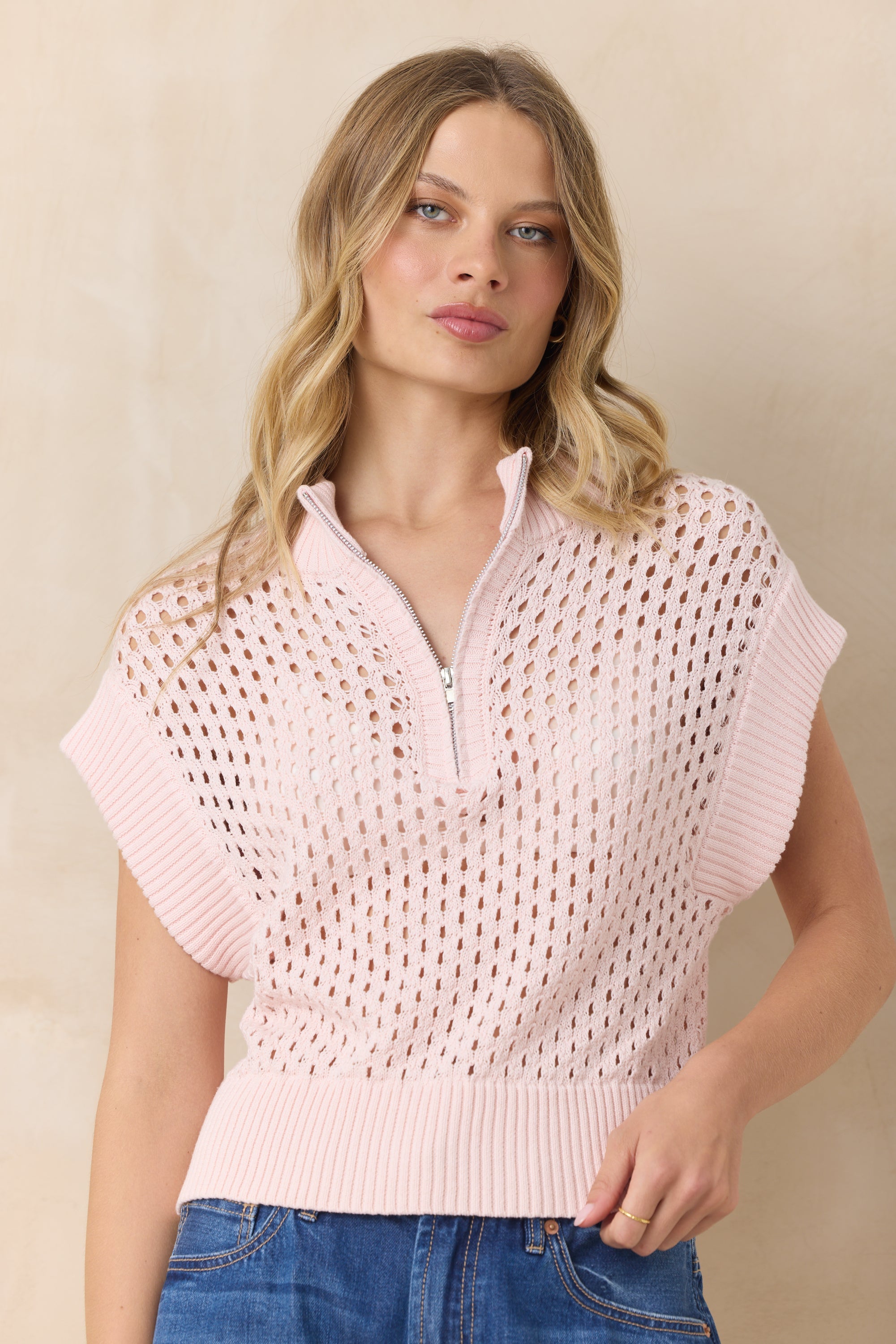 Open Knit Short Sleeve Quarter Zip Sweater | Vintage Havana Pastel Pink