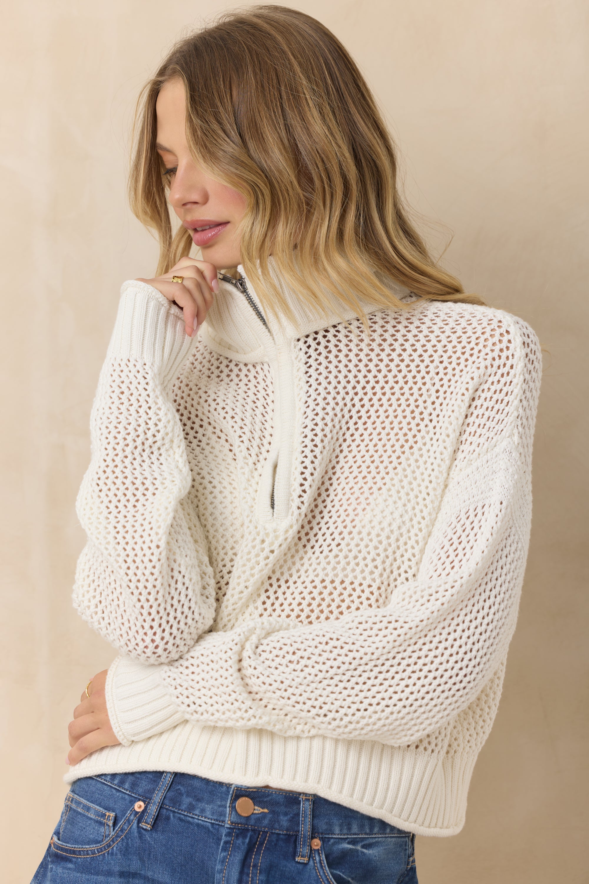 Open Knit Quarter Zip Sweater | Vintage Havana White