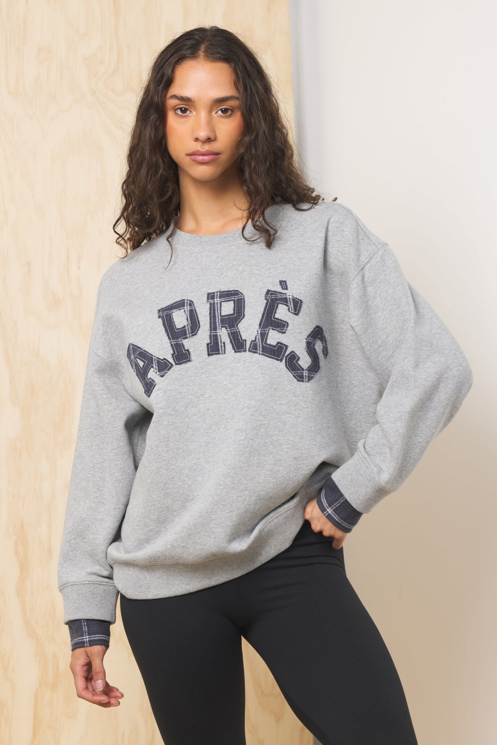 Apres Applique French Terry Crewneck | Vintage Havana Moon Grey w/ Midnight Plaid