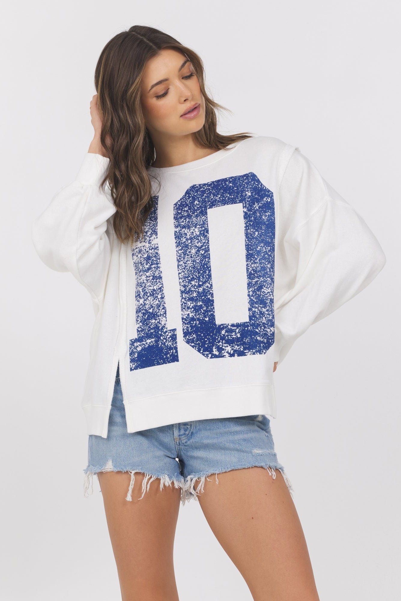 French Terry Varsity Crewneck | Vintage Havana Warm White w/ Navy