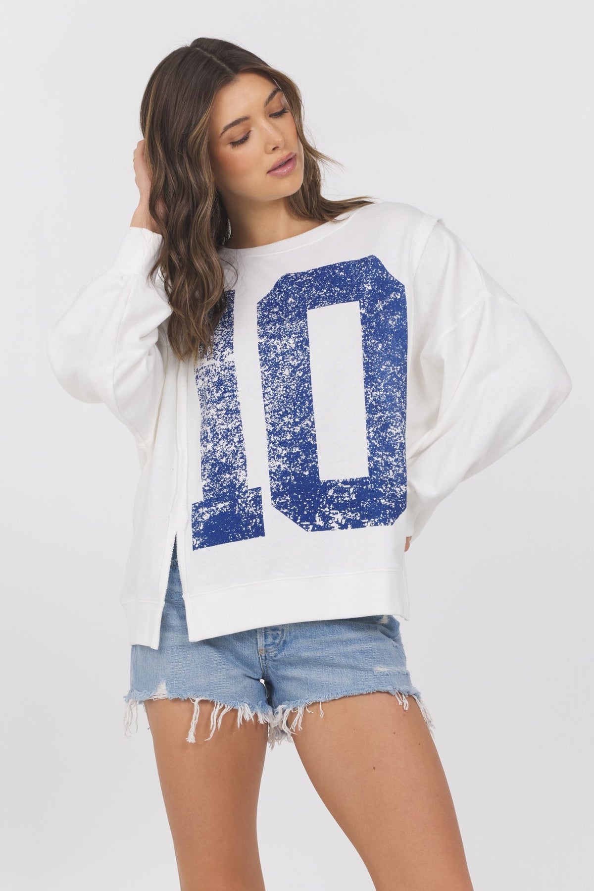 French Terry Varsity Crewneck | Vintage Havana Warm White w/ Navy