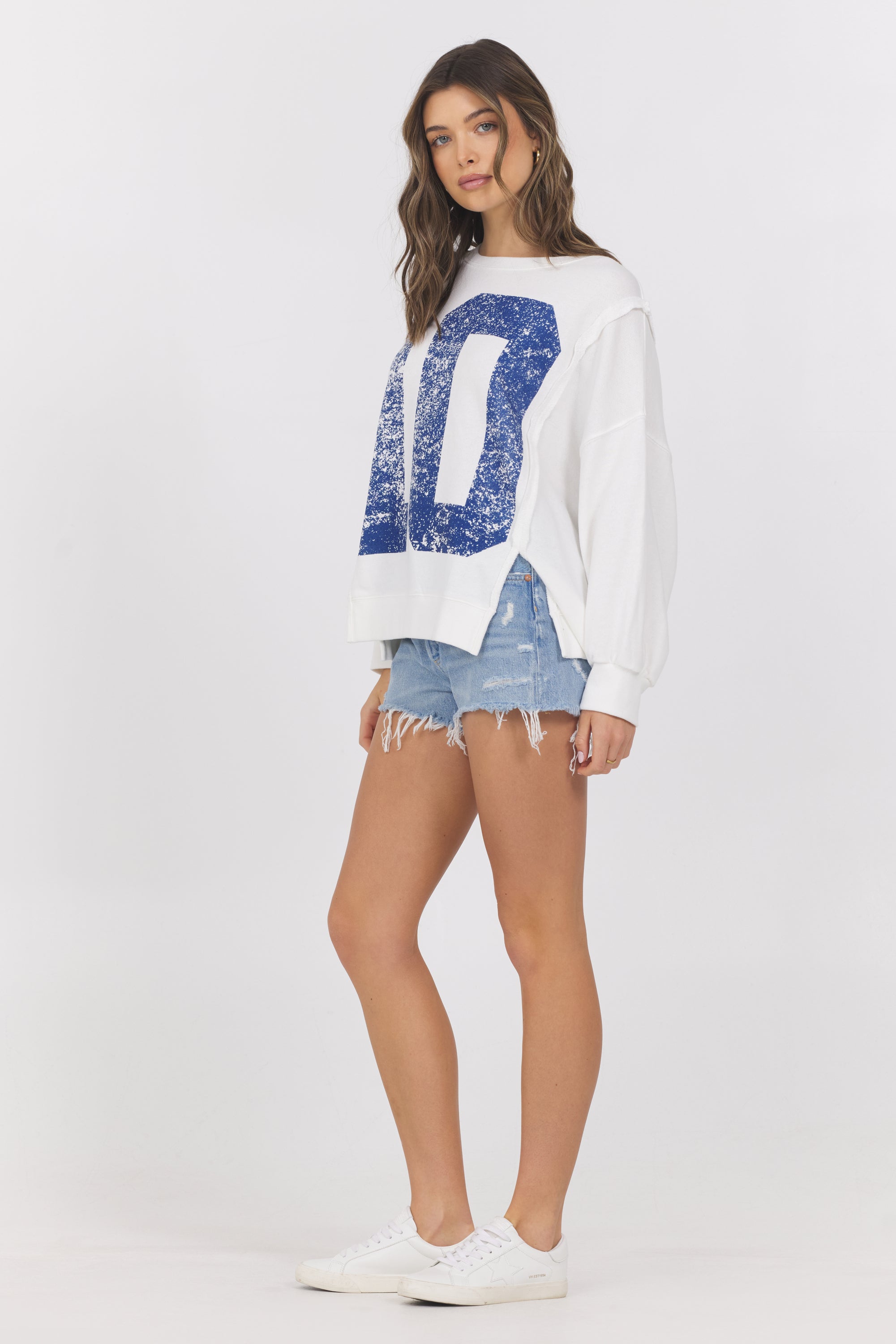 French Terry Varsity Crewneck | Vintage Havana Warm White w/ Navy