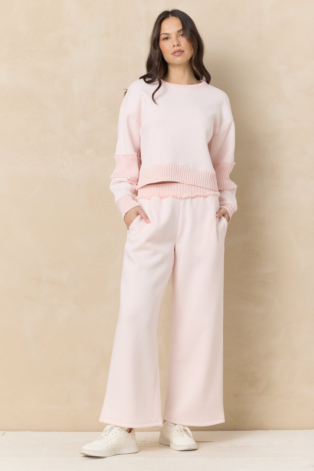 Vintage Fleece Wide Leg Pants with Rib | Vintage Havana Pink Hibiscus