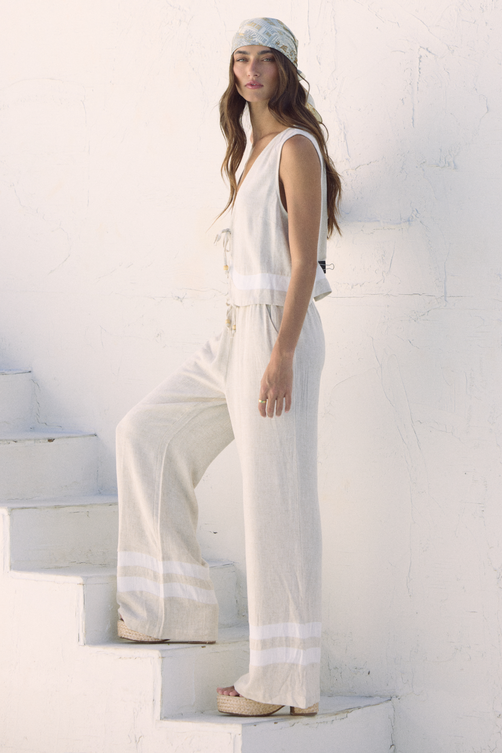 Linen Blend Wide Leg Pant with Contrast Stripe | Vintage Havana