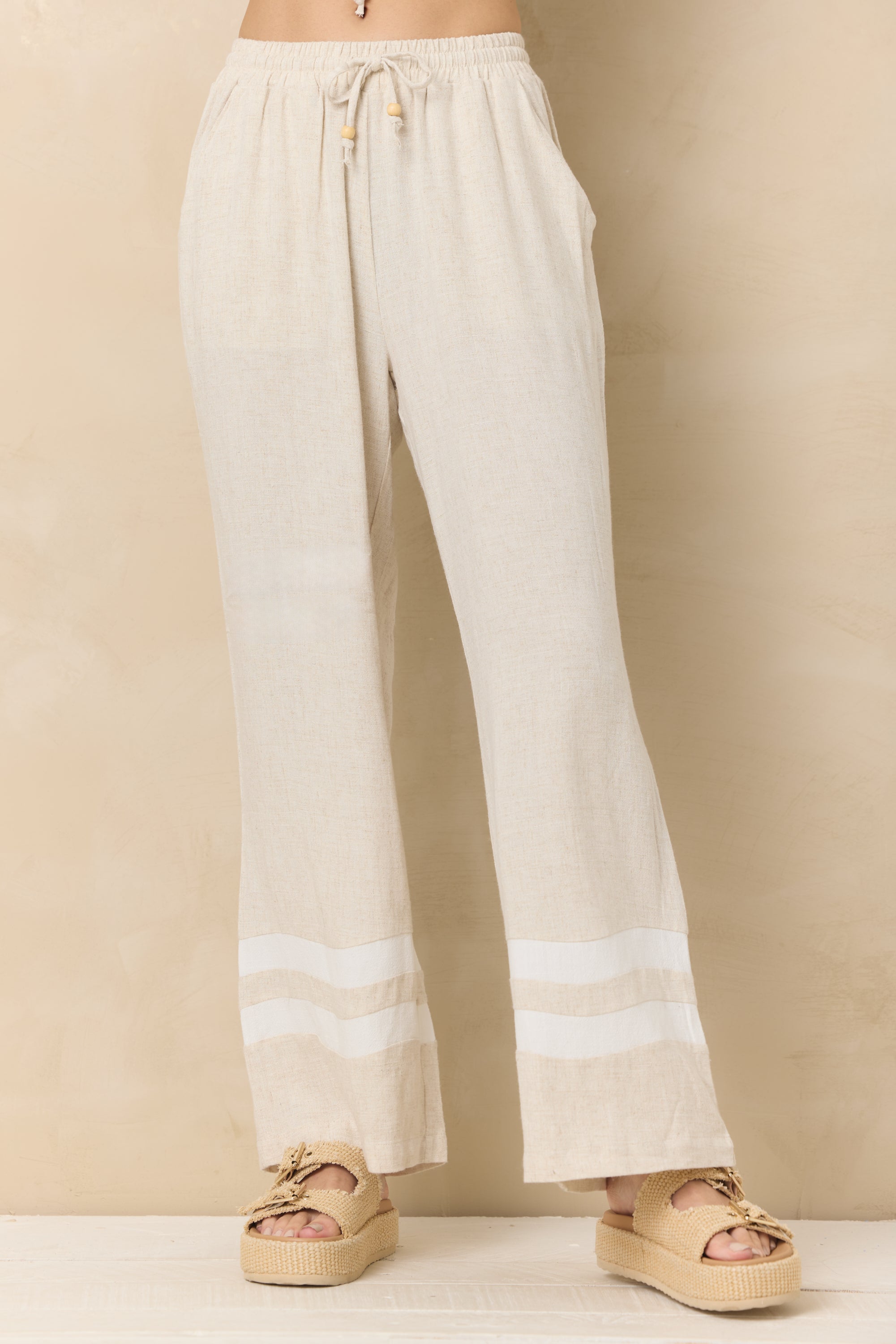 Linen Blend Wide Leg Pant with Contrast Stripe | Vintage Havana