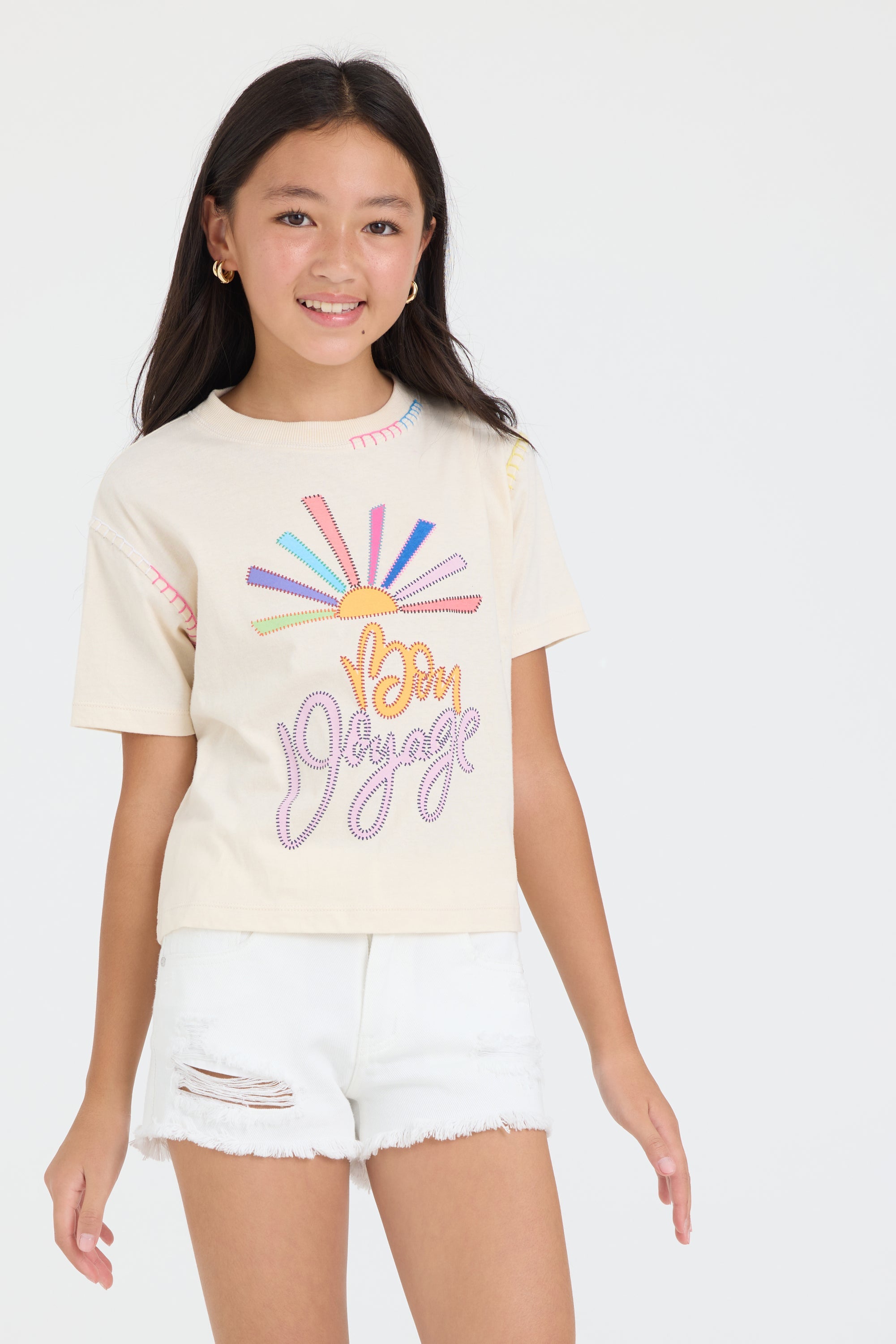 Kids Distressed Denim Short with Embroidered Pocket | Vintage Havana