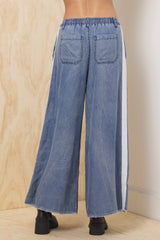 Tencel Wide Leg Pant w/ Contrast | Vintage Havana Washed Denim w/ Ivory