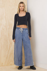 Tencel Wide Leg Pant w/ Contrast | Vintage Havana Washed Denim w/ Ivory