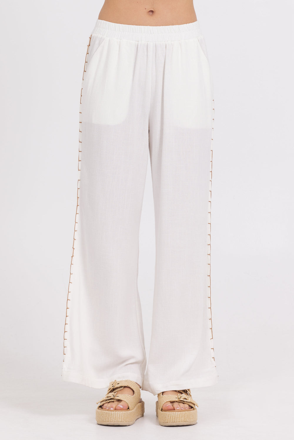 Washed Linen Wide Leg Pants w/ Whip Stitch | Vintage Havana White